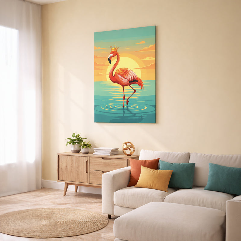 Crowned Flamingo Sunset Canvas Wall Art – Royal Tropical Statement Print