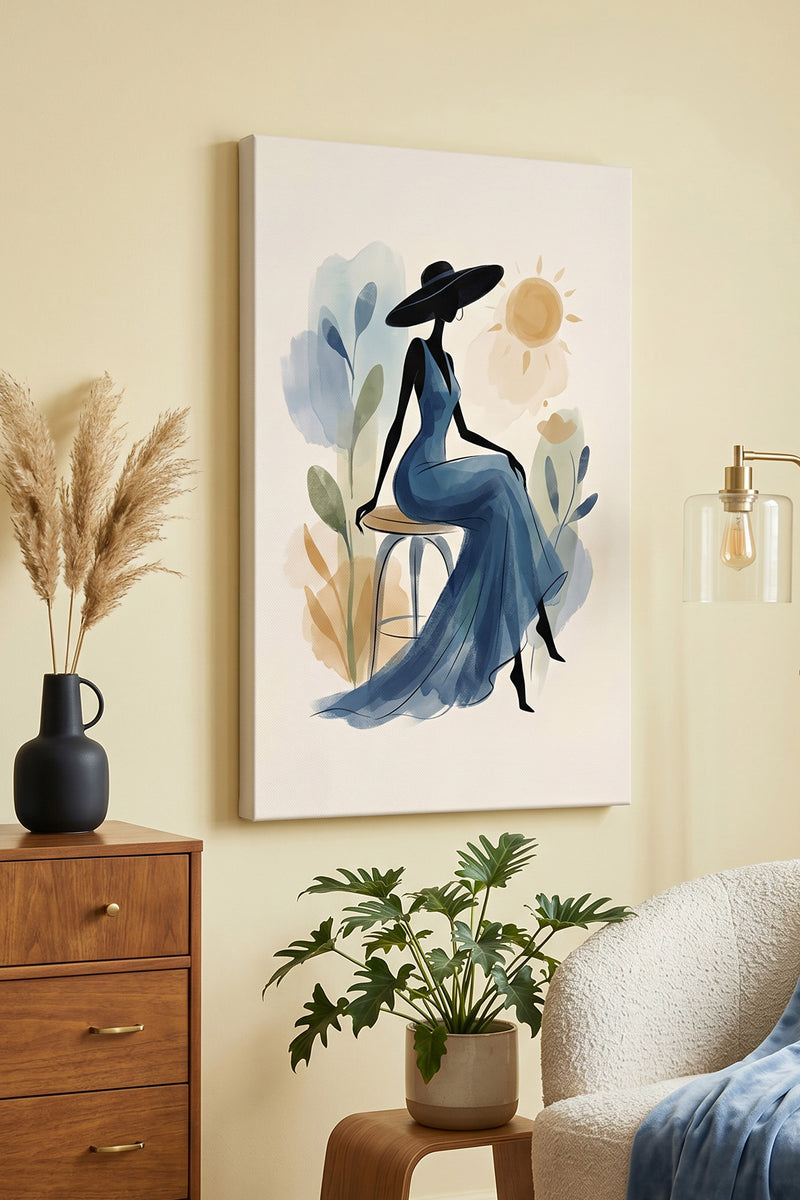 Sunlit Serenade – Minimalist Watercolor Woman in Blue Gown Canvas Art