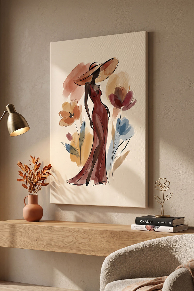 Crimson Sunset – Minimalist Watercolor Woman in Burgundy Gown Canvas Art