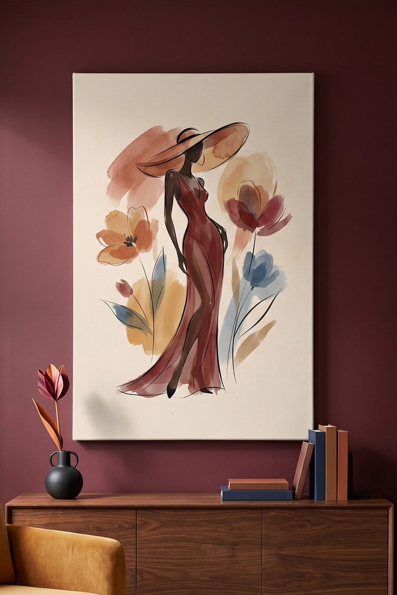 Crimson Sunset – Minimalist Watercolor Woman in Burgundy Gown Canvas Art