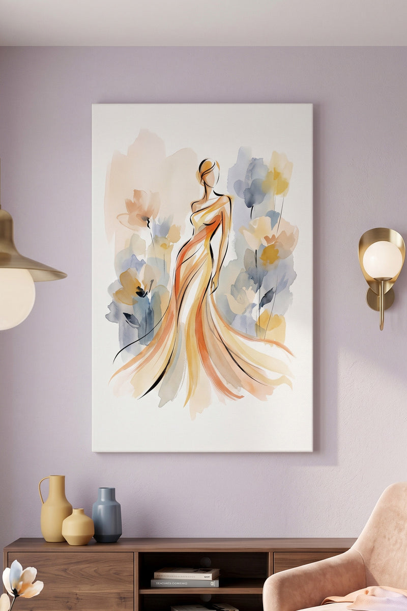 Ethereal Blossom – Minimalist Watercolor Woman in Ochre Gown Canvas Art
