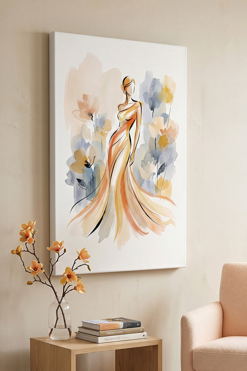 Ethereal Blossom – Minimalist Watercolor Woman in Ochre Gown Canvas Art