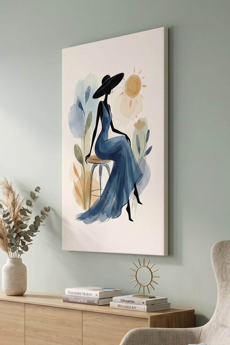 Sunlit Serenade – Minimalist Watercolor Woman in Blue Gown Canvas Art