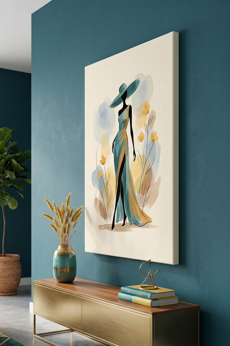 Golden Hour Glamour – Minimalist Watercolor Woman in Teal Gown Canvas Art
