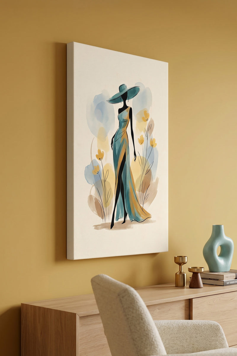 Golden Hour Glamour – Minimalist Watercolor Woman in Teal Gown Canvas Art
