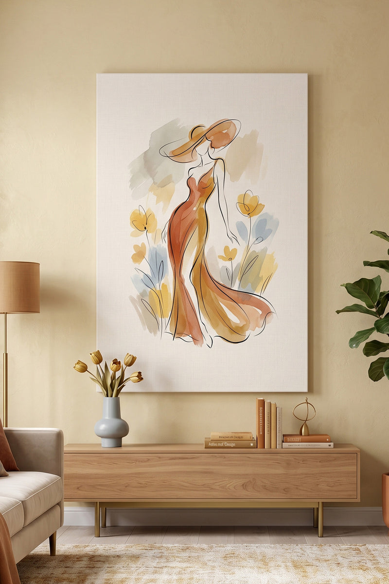 Autumn Breeze – Minimalist Watercolor Woman in Amber Gown Canvas Art