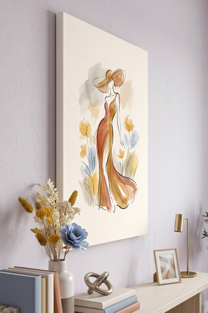 Autumn Breeze – Minimalist Watercolor Woman in Amber Gown Canvas Art