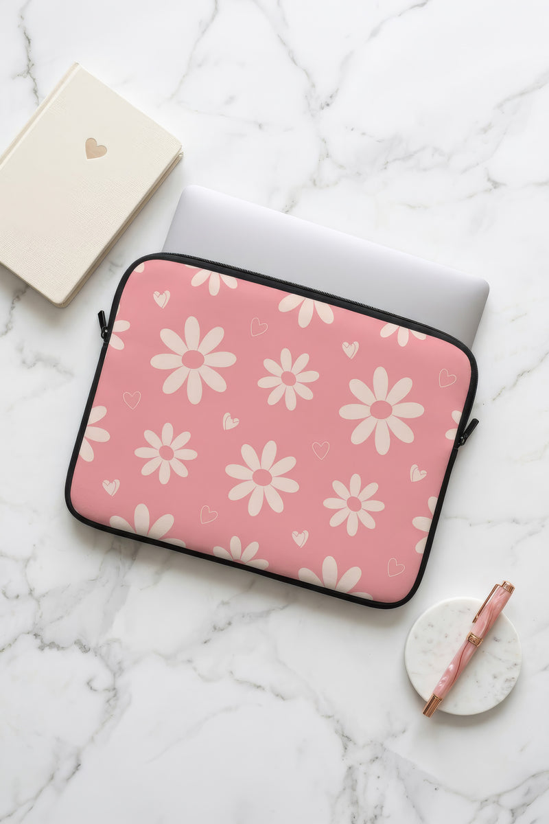Retro Daisy & Hearts Laptop Sleeve – Dusty Rose Pink