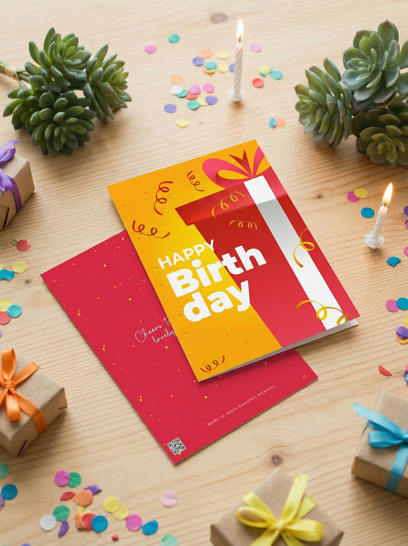 Vibrant Red Gift Box Happy Birthday Card