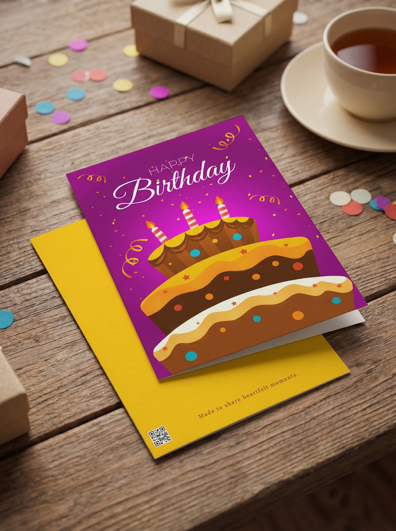 Festive Chocolate Cake Happy Birthday Card | Purple Party Design