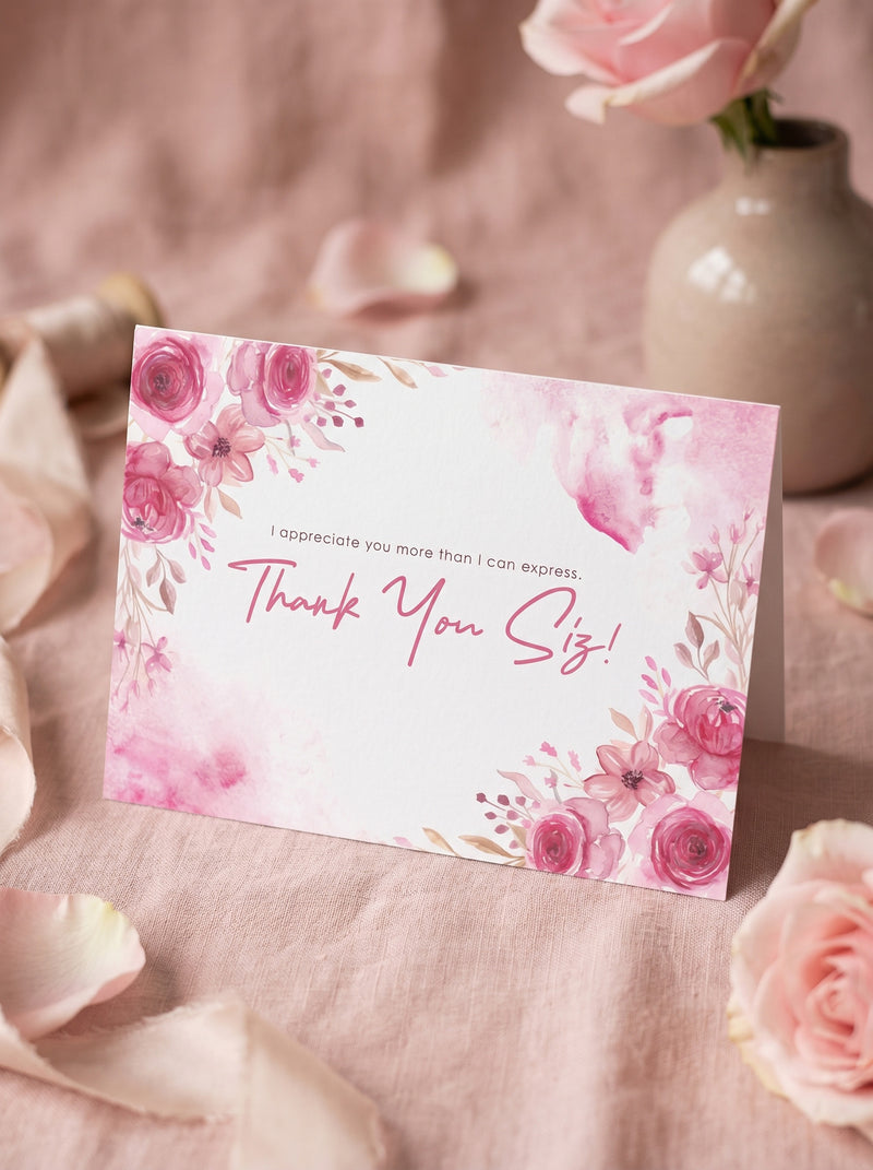 Thank You Siz! Pink Watercolor Rose Greeting Card | Sister Appreciation