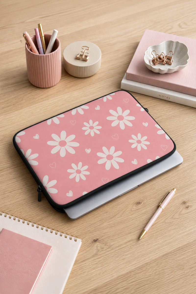 Retro Daisy & Hearts Laptop Sleeve – Dusty Rose Pink