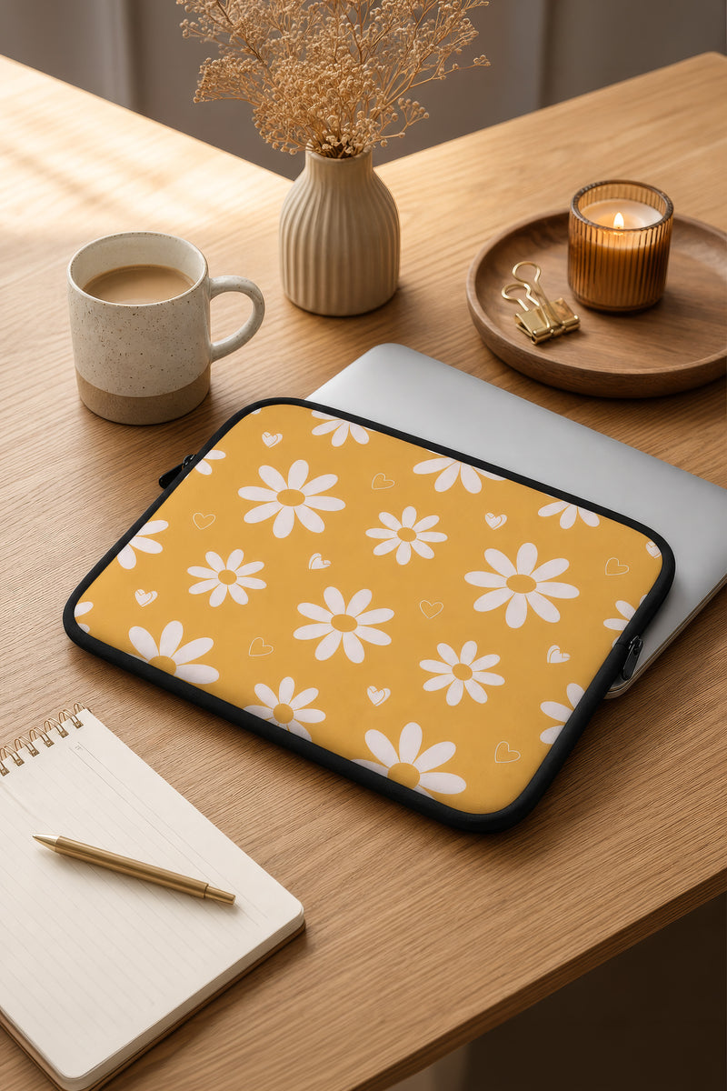 Retro Daisy & Hearts Laptop Sleeve – Mustard Yellow