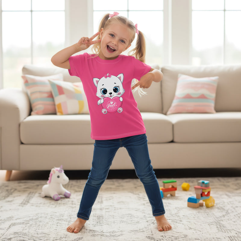 Baby Girl Heart Cute Kitty Pink Kids Crew Neck T-Shirt