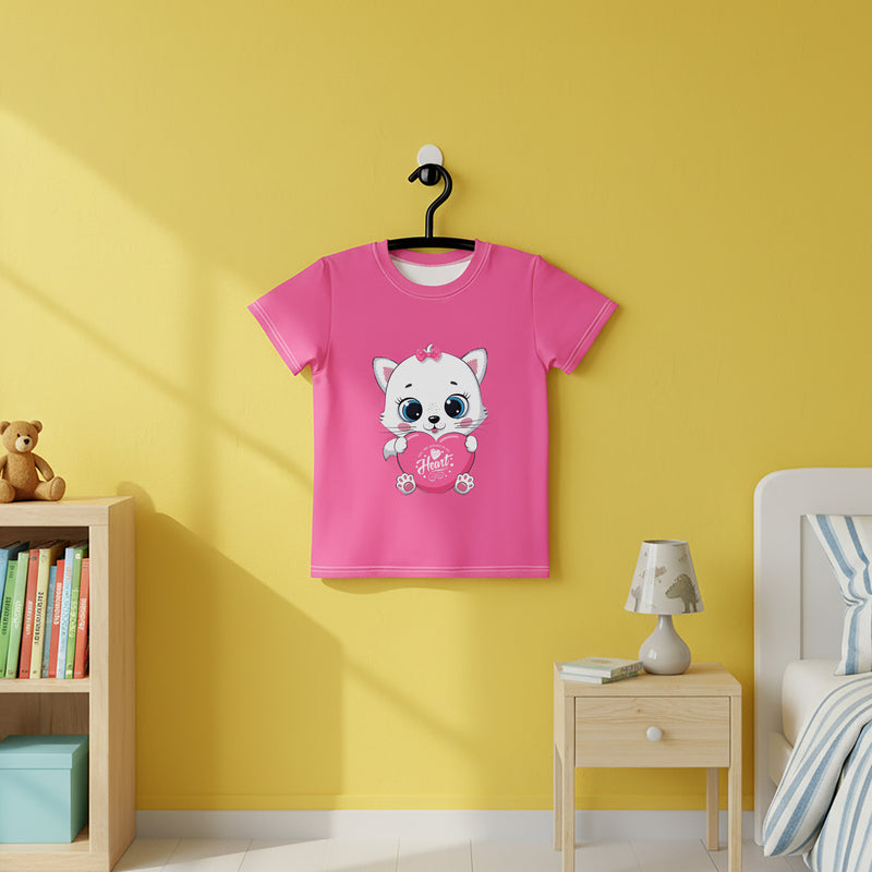Baby Girl Heart Cute Kitty Pink Kids Crew Neck T-Shirt