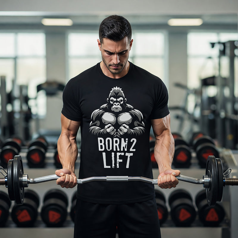 Born 2 Lift Gorilla Gym T-Shirt – Men’s Motivational Fitness Classic Tee