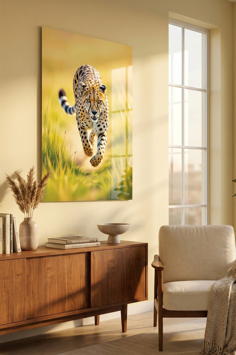 Majestic Running Cheetah Wildlife Glossy Metal Wall Art