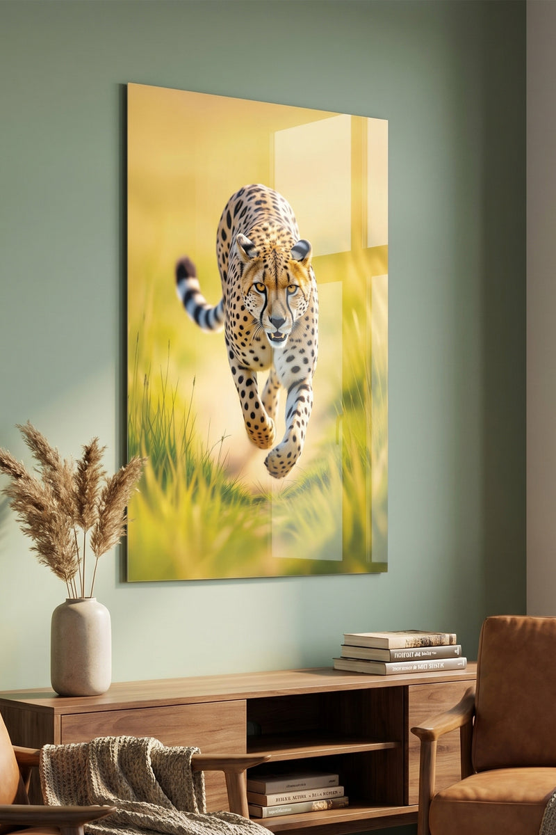 Majestic Running Cheetah Wildlife Glossy Metal Wall Art