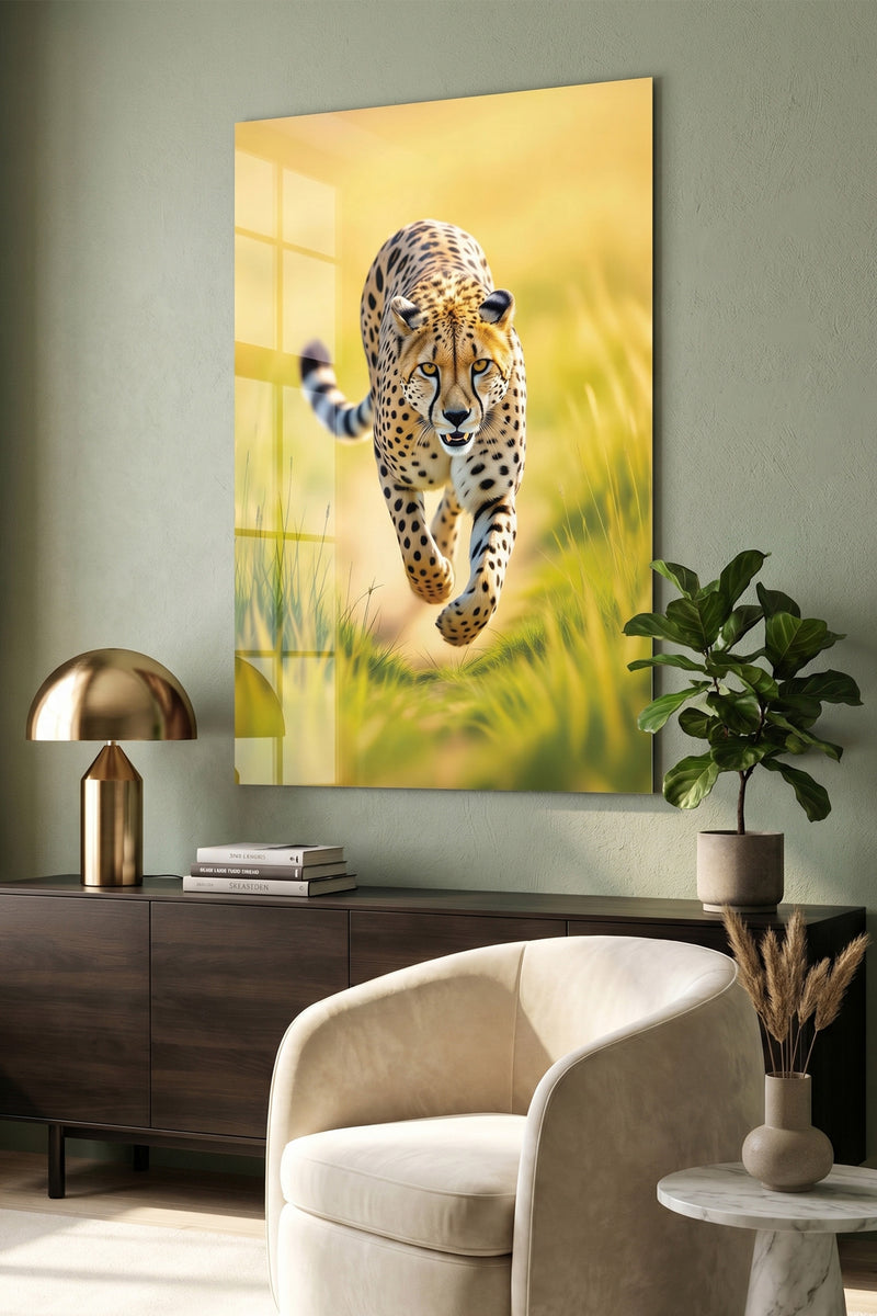 Majestic Running Cheetah Wildlife Glossy Metal Wall Art
