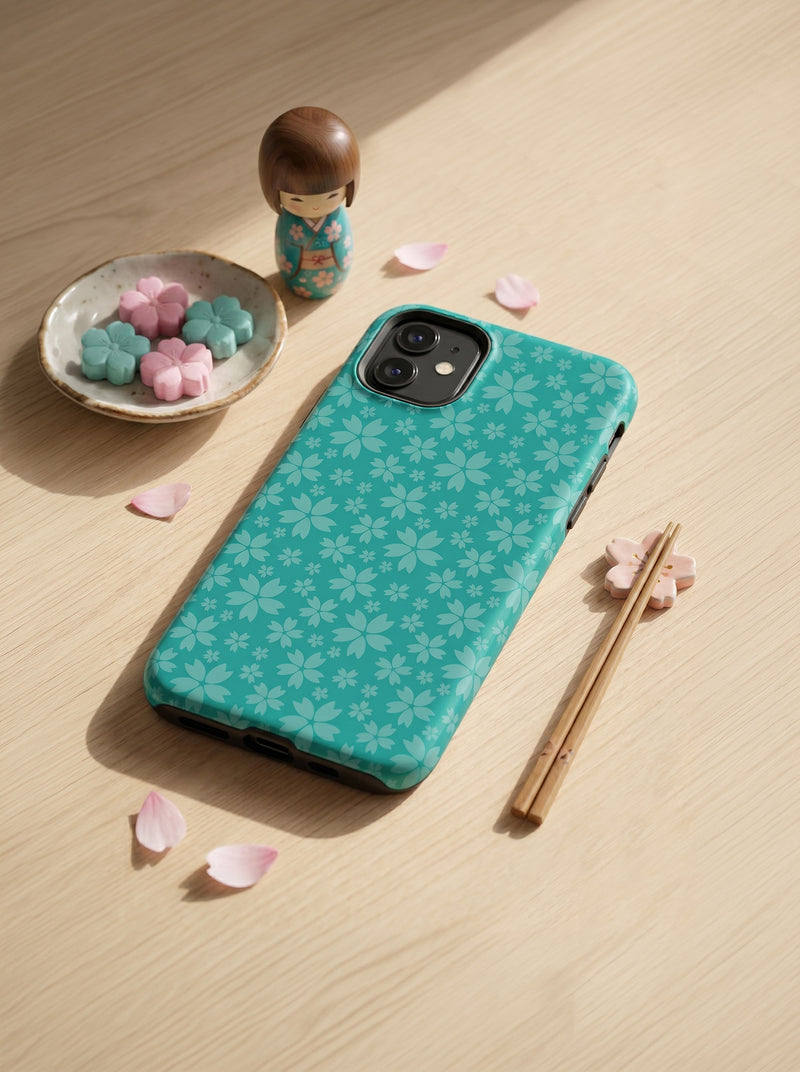 Teal Blossom Sakura Pattern Tough iPhone® Case