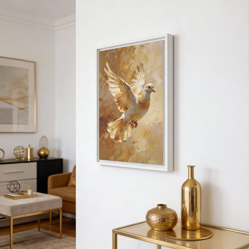 Golden Flight – Framed Dove Canvas Wall Art (White Floating Frame)