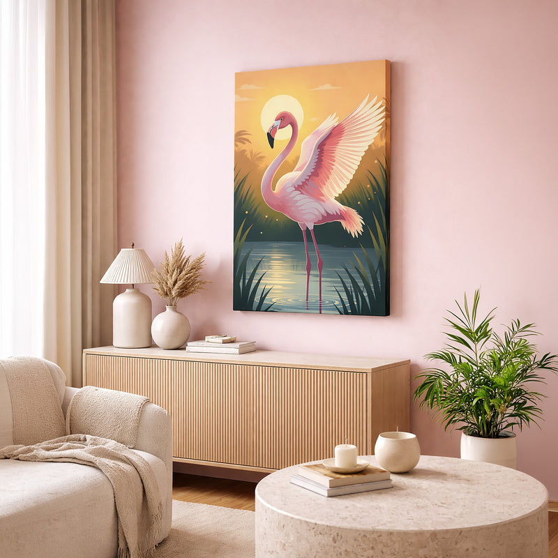 Sunset Flamingo Canvas Wall Art – Tropical Bird Portrait