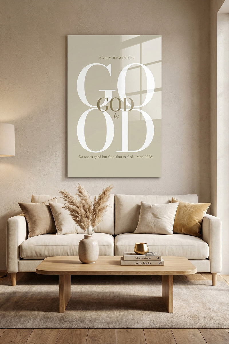 God is Good Mark 10:18 Scripture Typography Glossy Metal Wall Art
