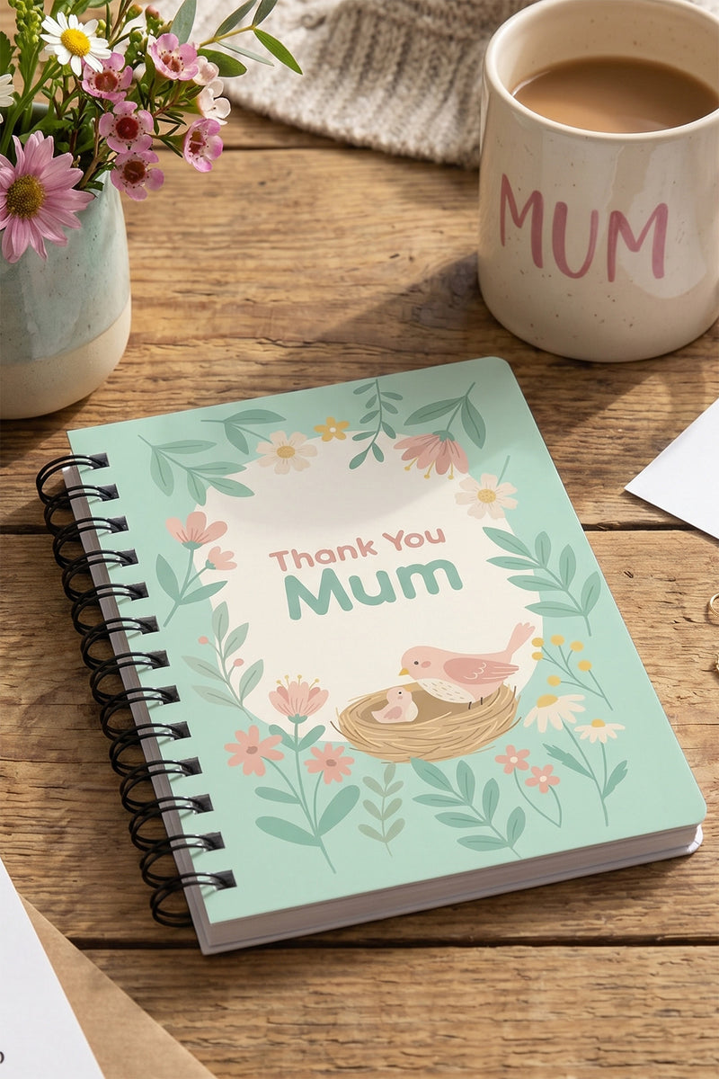 Thank You Mum Pastel Floral & Bird Nest Spiral Bound Journal
