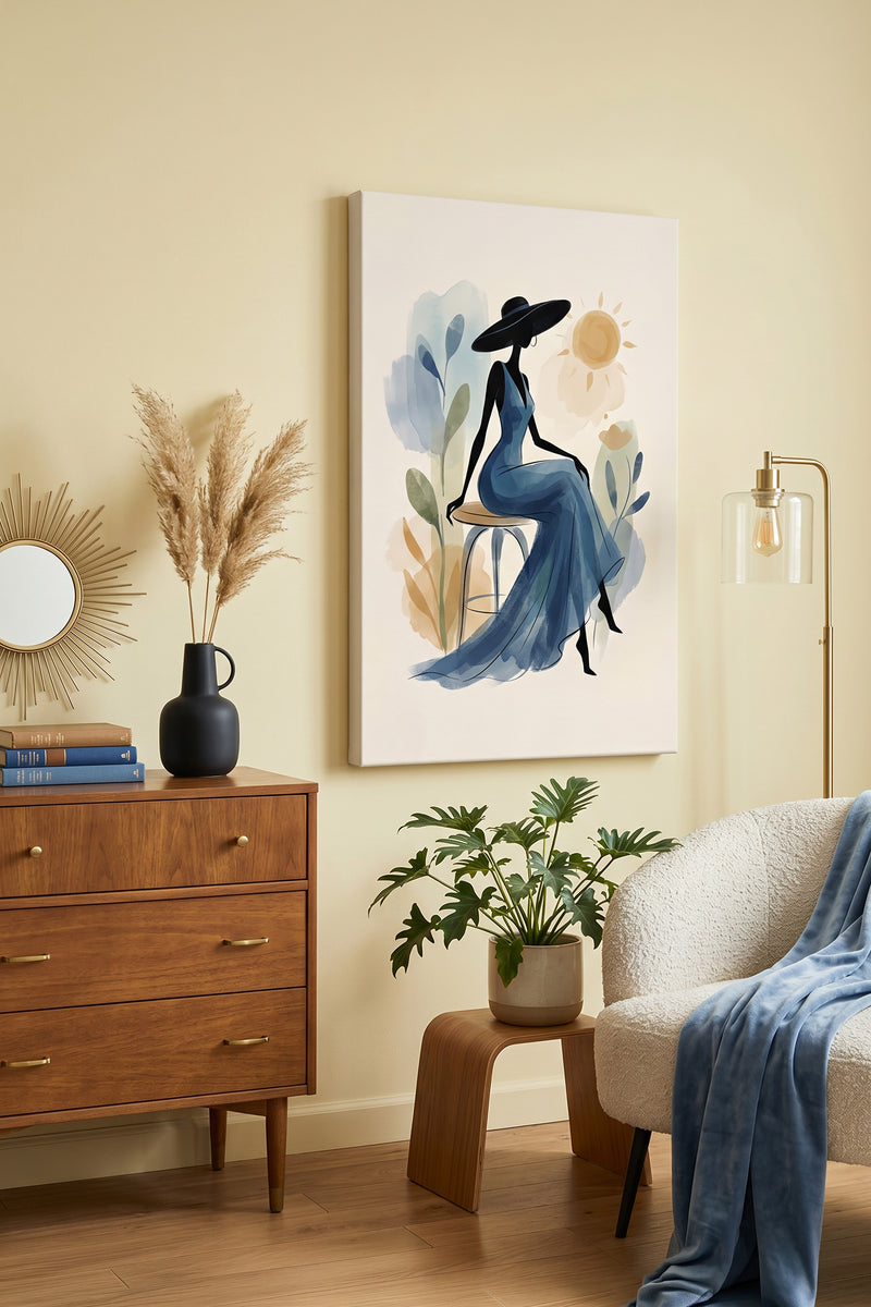 Sunlit Serenade – Minimalist Watercolor Woman in Blue Gown Canvas Art