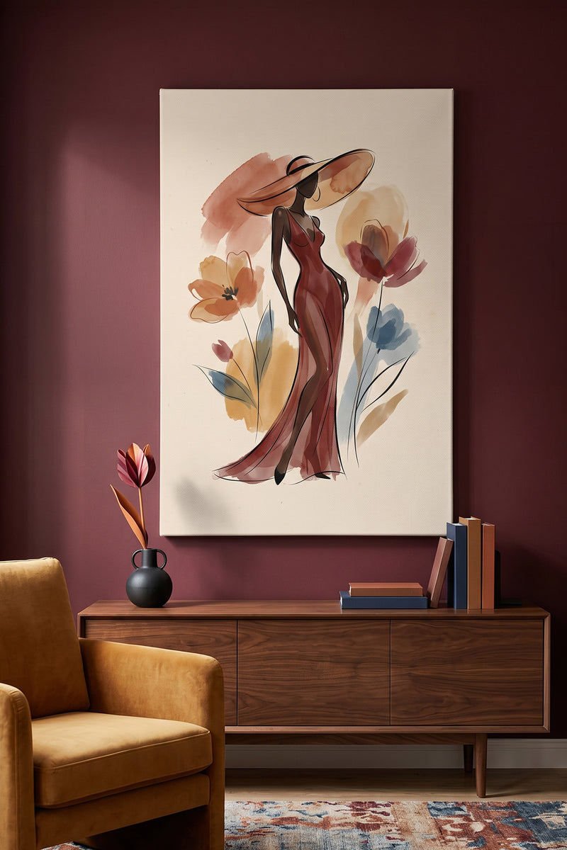 Crimson Sunset – Minimalist Watercolor Woman in Burgundy Gown Canvas Art