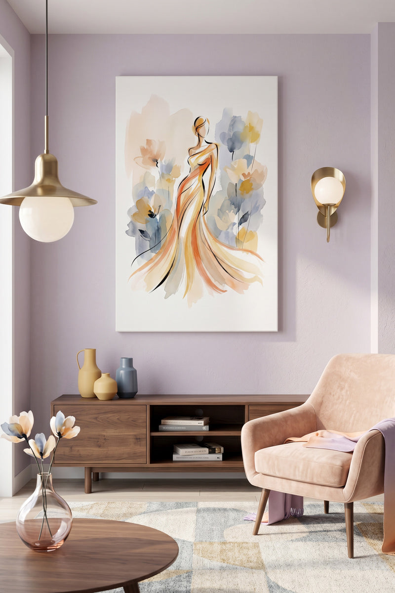 Ethereal Blossom – Minimalist Watercolor Woman in Ochre Gown Canvas Art