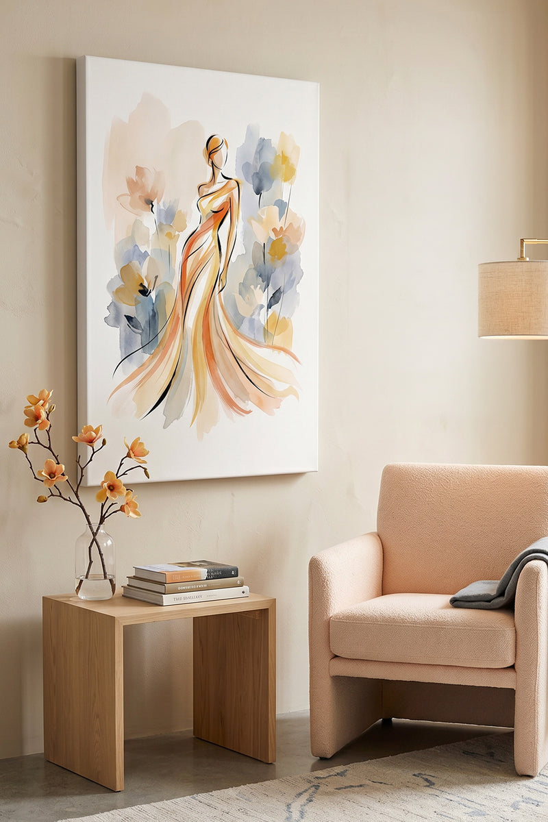 Ethereal Blossom – Minimalist Watercolor Woman in Ochre Gown Canvas Art