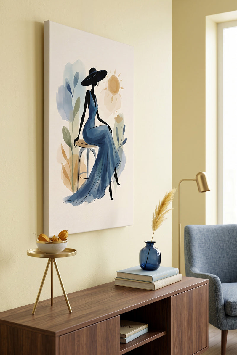 Sunlit Serenade – Minimalist Watercolor Woman in Blue Gown Canvas Art
