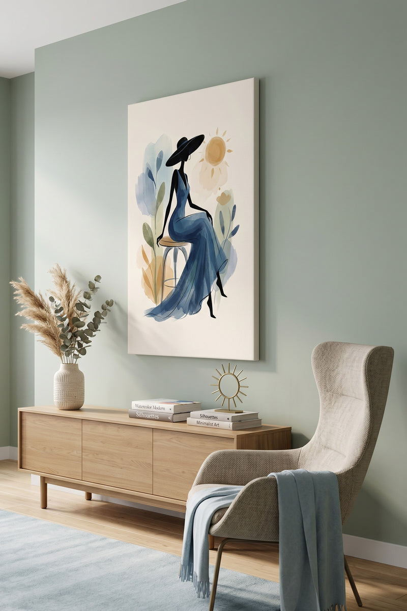 Sunlit Serenade – Minimalist Watercolor Woman in Blue Gown Canvas Art