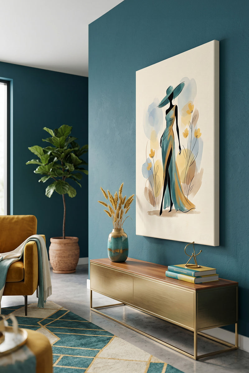 Golden Hour Glamour – Minimalist Watercolor Woman in Teal Gown Canvas Art