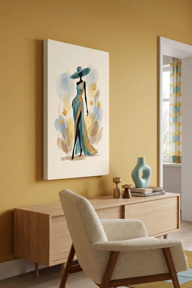 Golden Hour Glamour – Minimalist Watercolor Woman in Teal Gown Canvas Art