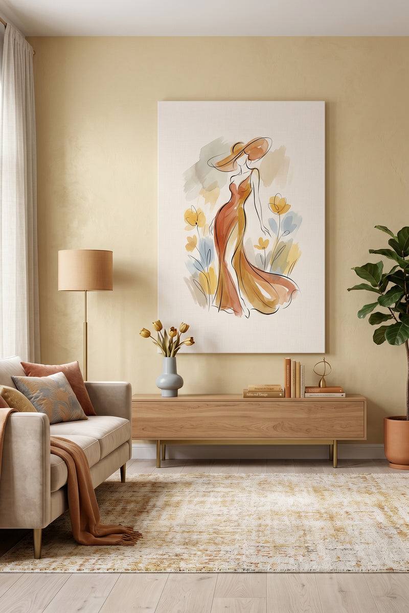 Autumn Breeze – Minimalist Watercolor Woman in Amber Gown Canvas Art
