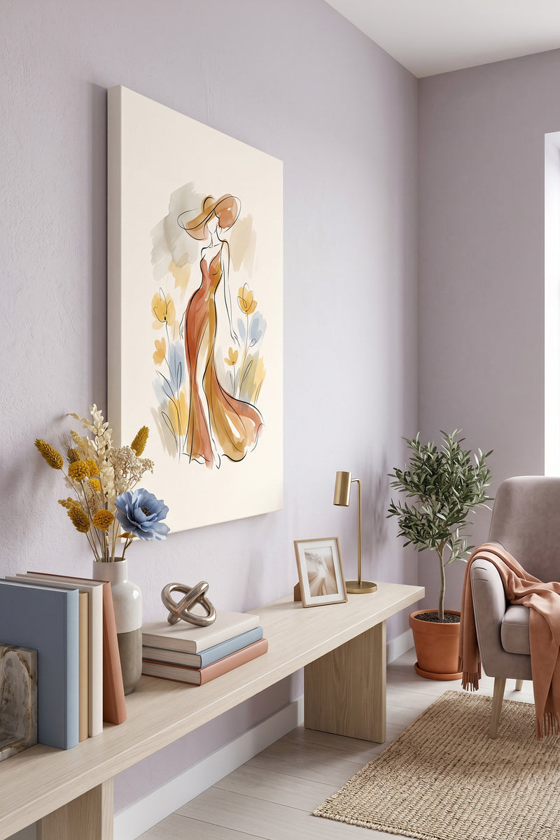 Autumn Breeze – Minimalist Watercolor Woman in Amber Gown Canvas Art