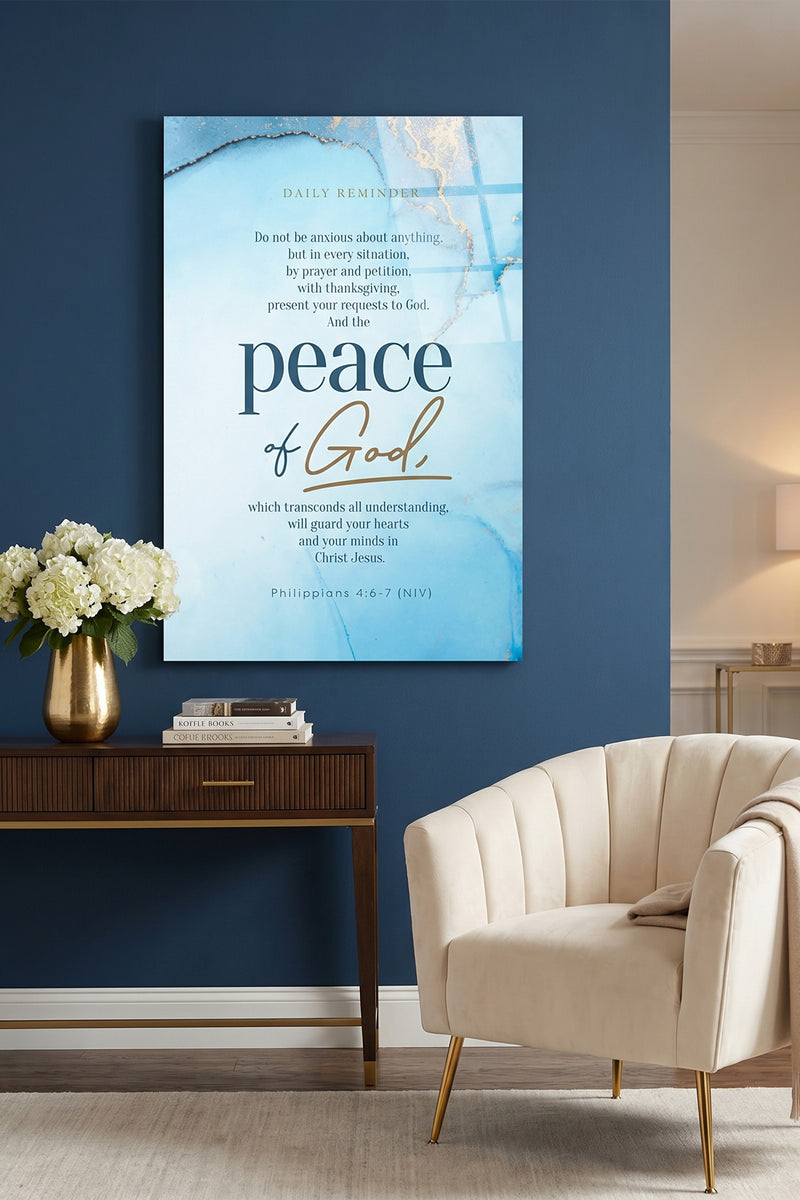 Peace of God Philippians 4:6-7 Scripture Ocean Blue Glossy Metal Wall Art