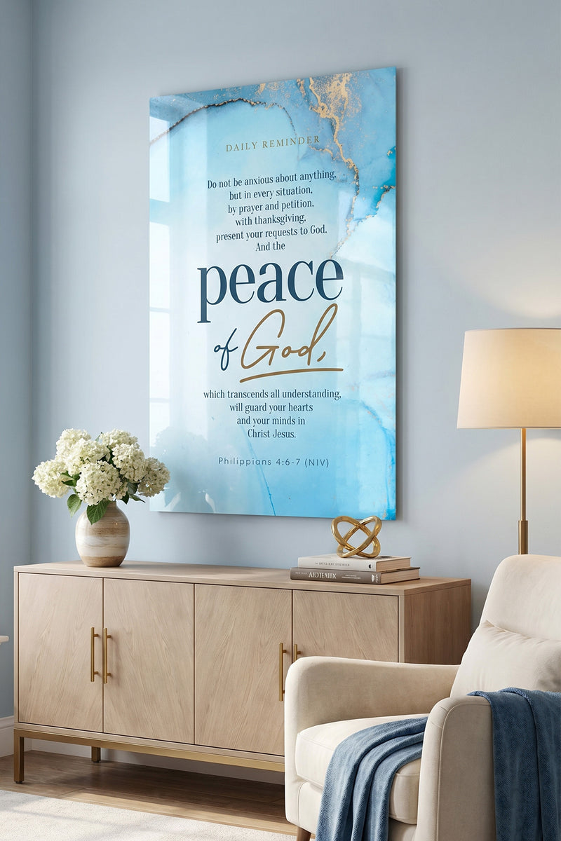 Peace of God Philippians 4:6-7 Scripture Ocean Blue Glossy Metal Wall Art