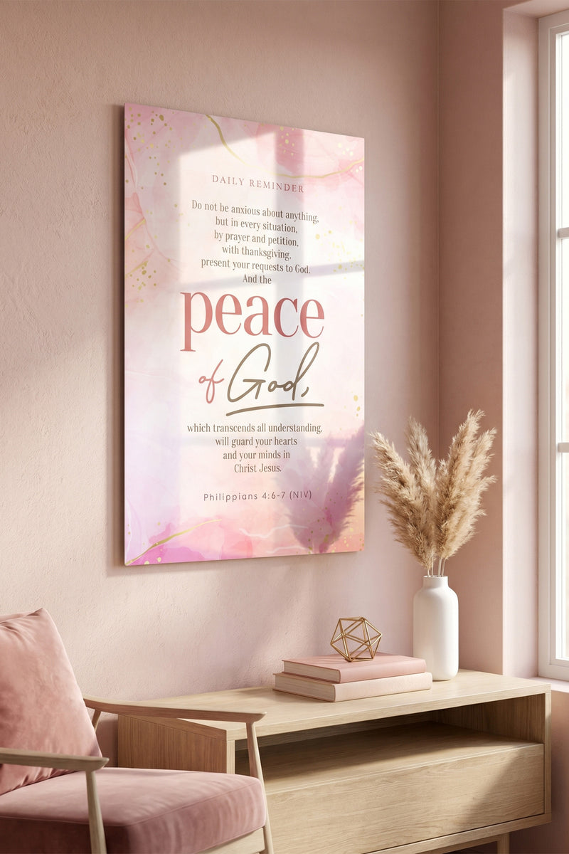 Peace of God Philippians 4:6-7 Scripture Blush Pink Glossy Metal Wall Art
