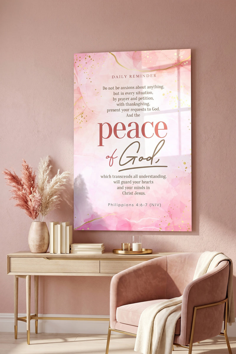 Peace of God Philippians 4:6-7 Scripture Blush Pink Glossy Metal Wall Art