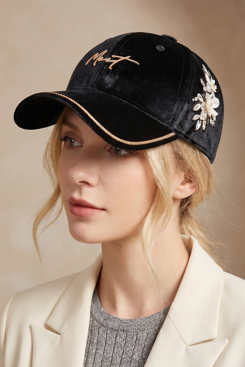 Velvet Baseball Cap with Floral Embellishments
