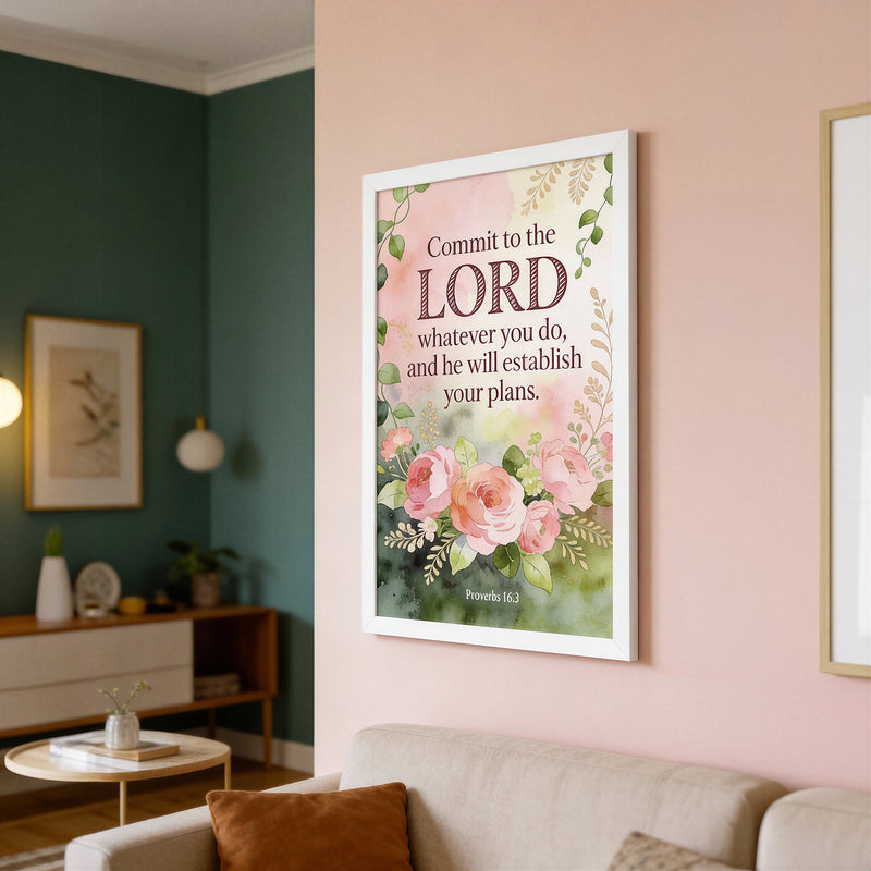 Commit to the Lord - Framed Poster Floral Wall Art - Proverbs 16:3
