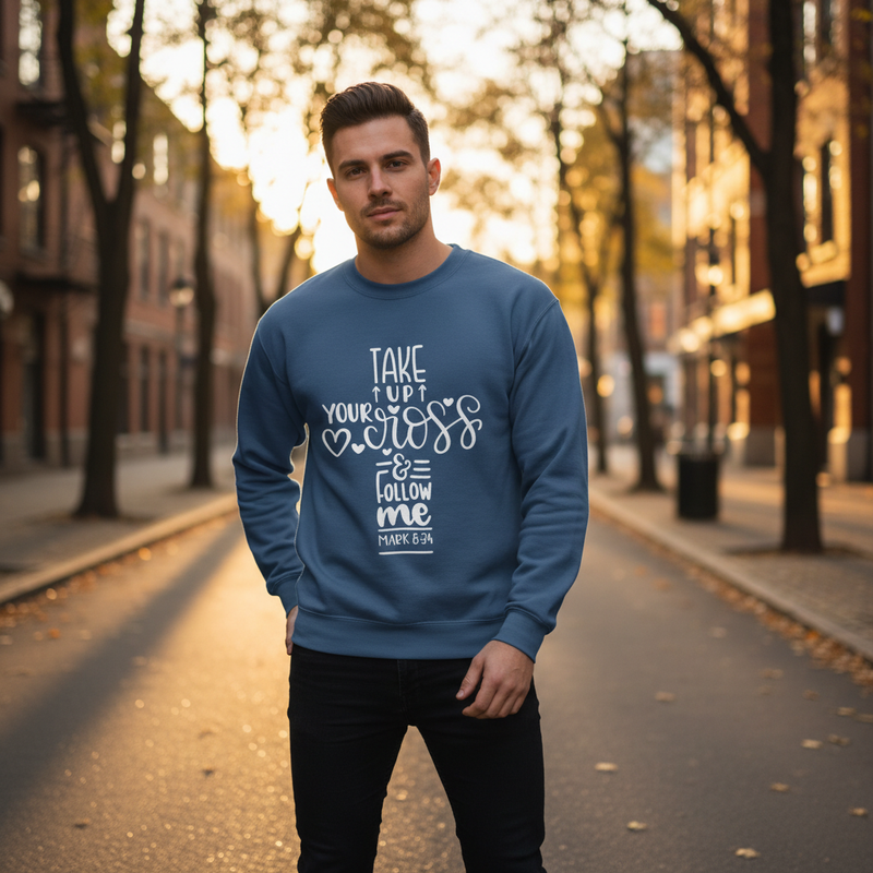 Take Up Your Cross Faith-Inspired Crewneck Sweatshirt (Mark 8:34)