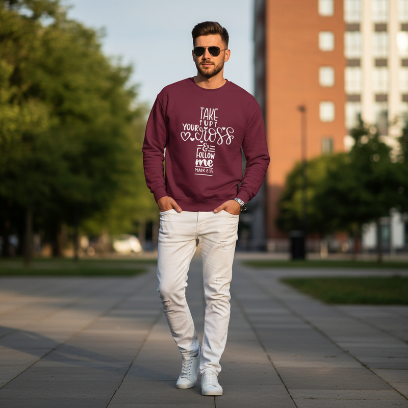 Take Up Your Cross Faith-Inspired Crewneck Sweatshirt (Mark 8:34)