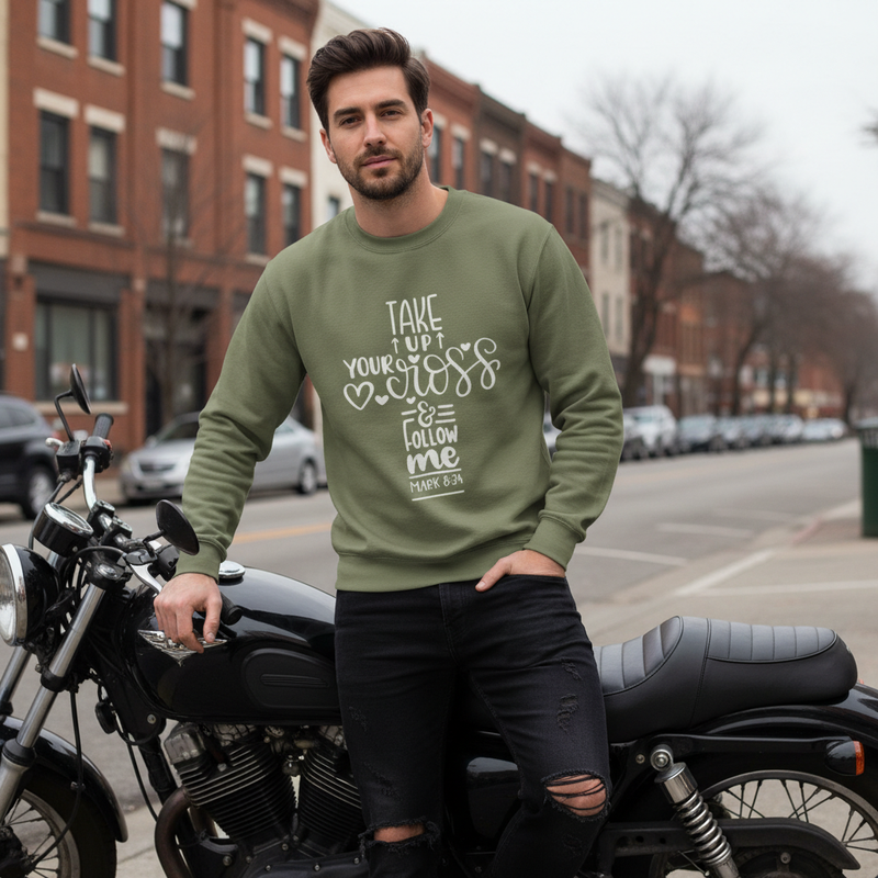 Take Up Your Cross Faith-Inspired Crewneck Sweatshirt (Mark 8:34)