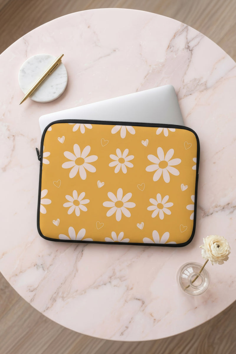 Retro Daisy & Hearts Laptop Sleeve – Mustard Yellow