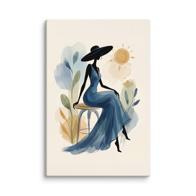 Sunlit Serenade – Minimalist Watercolor Woman in Blue Gown Canvas Art