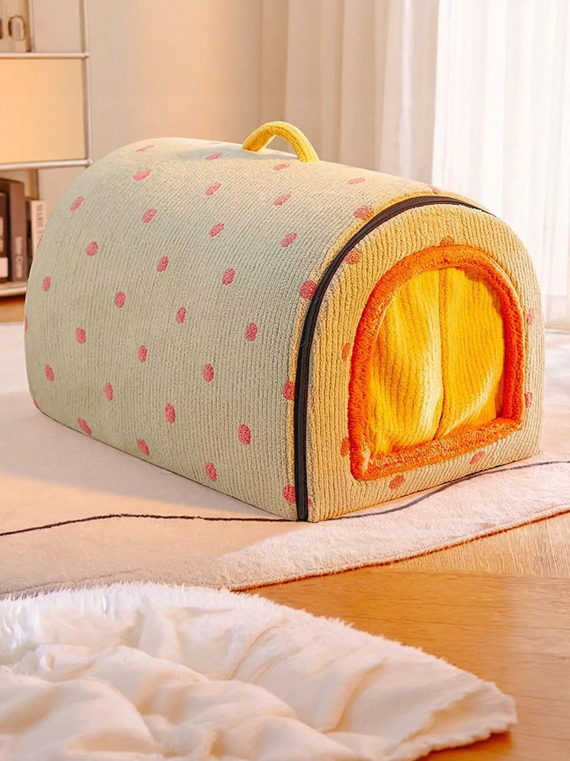 Cozy Polka Dot Pet Bed Cave with Handle